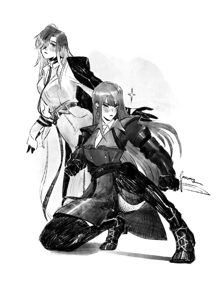 2girls, absurdres, belt, blush, boots, closed_mouth, coat, coat_on_shoulders