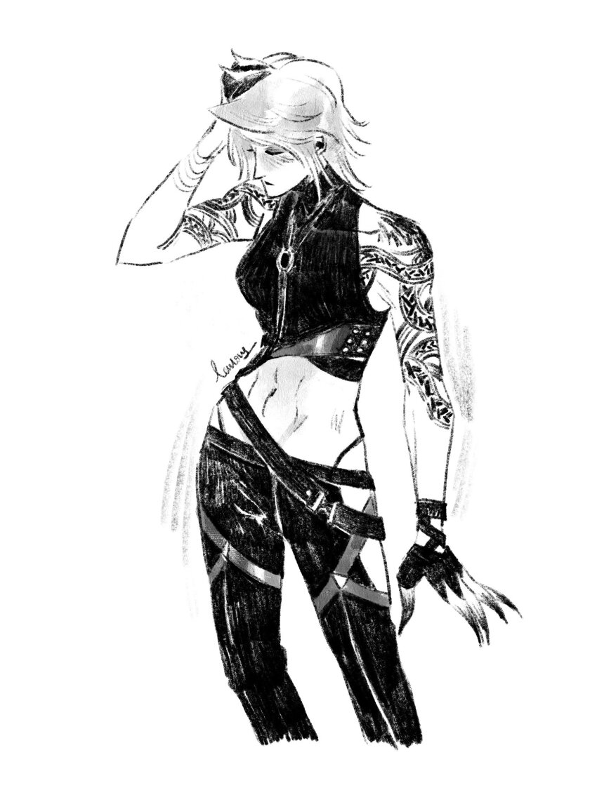 1girl, abs, arm_tattoo, belt, blush, chest_harness, claws, closed_mouth