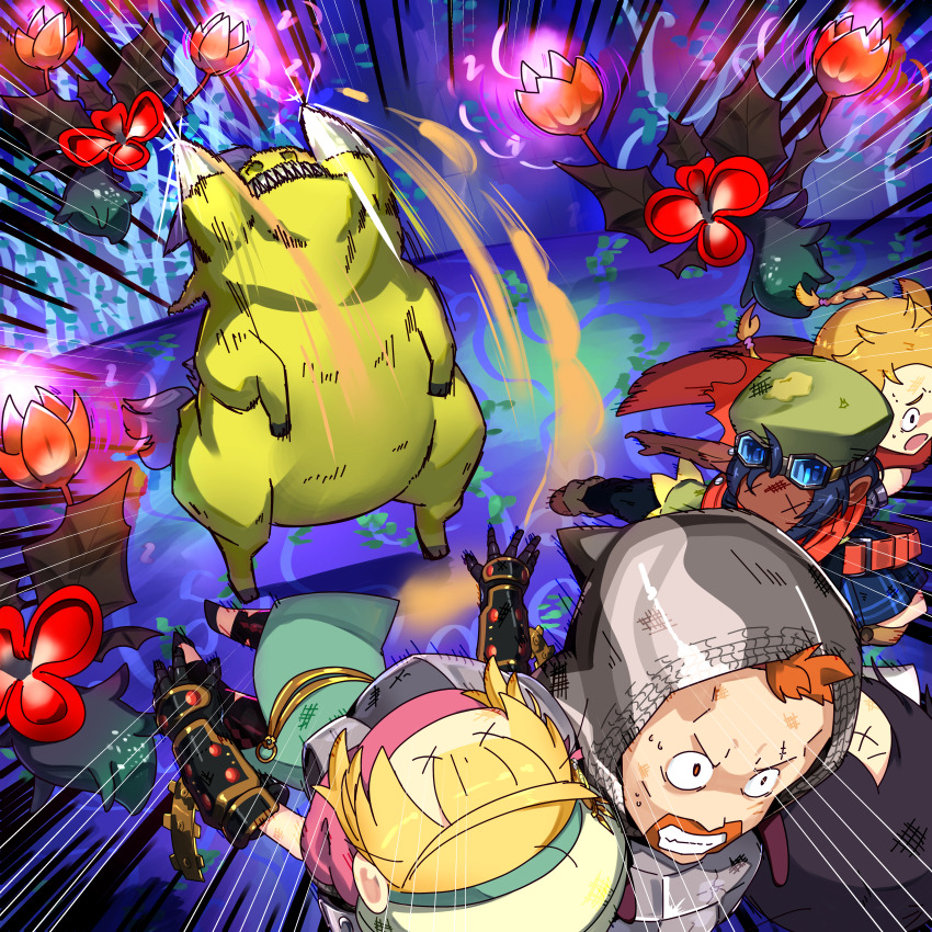 1boy, 2girls, 2others, absurdres, alchemist_(sekaiju), alchemist_5_(sekaiju), armor, black_hair