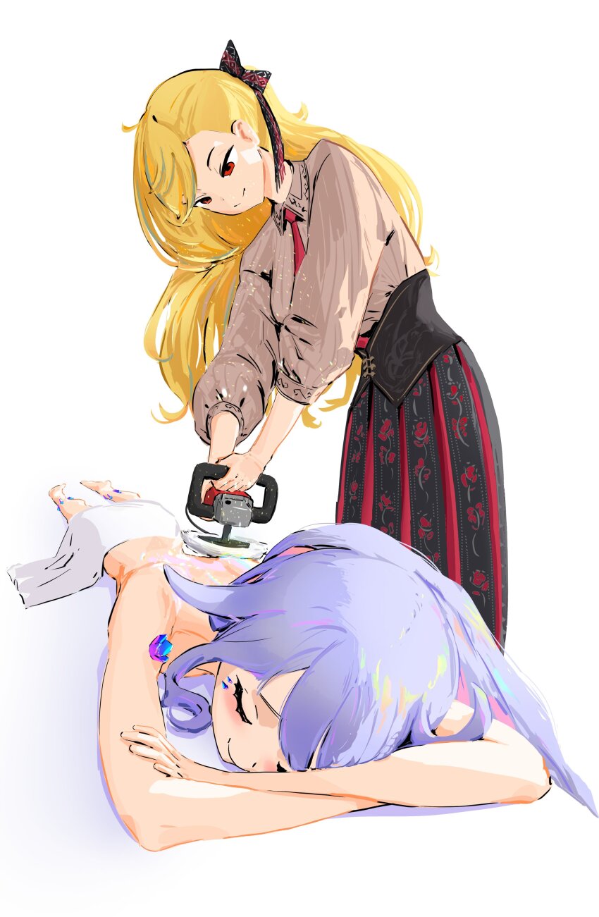 2girls, absurdres, blonde_hair, closed_eyes, corset, highres, hololive, hololive_english