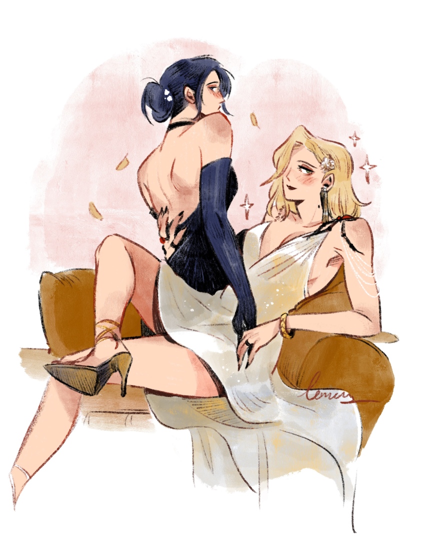 2girls, absurdres, backless_dress, backless_outfit, bare_arms, black_choker, black_dress, black_gloves, black_hair, black_nails, blonde_hair, blush, bracelet, breasts, chief_(path_to_nowhere), choker, cleavage, closed_mouth, cocktail_dress, commentary, dress, earrings, elbow_gloves, english_commentary, female_chief_(path_to_nowhere), gloves, hair_bun, hair_over_one_eye, hand_on_another's_back, high_heels, highres, jewelry, langley_(banquet_guest)_(path_to_nowhere), langley_(path_to_nowhere), large_breasts, lemons_on_sticks, long_hair, looking_at_viewer, mole, mole_on_neck, multiple_girls, official_alternate_costume, path_to_nowhere, ring, signature, sparkle, white_dress, yuri