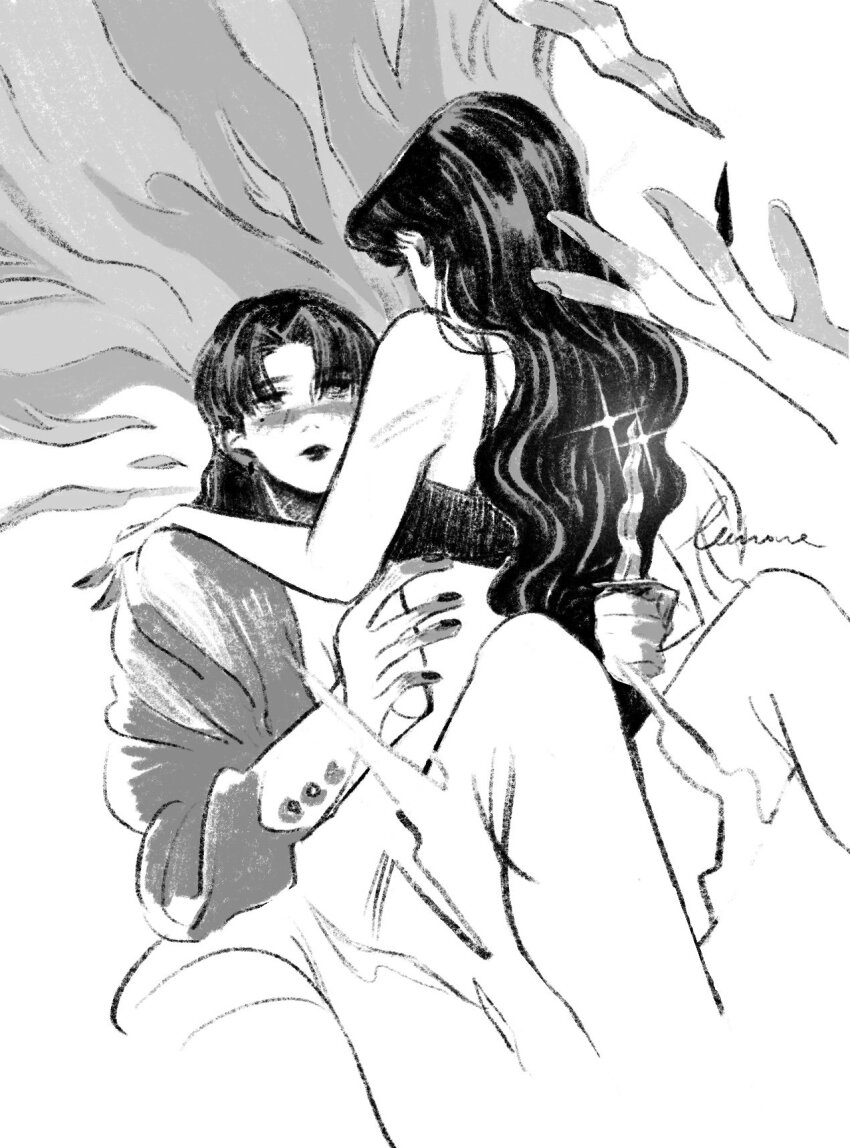 2girls, blush, bra, commentary, dagger, english_commentary, fire, greyscale, hand_on_another's_shoulder, hands_on_another's_waist, highres, holding, holding_dagger, holding_knife, holding_weapon, knife, lemons_on_sticks, long_hair, monochrome, multiple_girls, original, signature, sitting, sitting_on_lap, sitting_on_person, sparkle, underwear, weapon, yuri