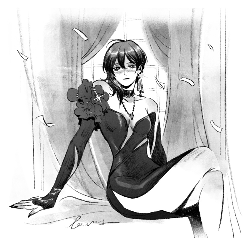 1girl, blush, breasts, cleavage, closed_mouth, commentary, confetti, crossed_legs