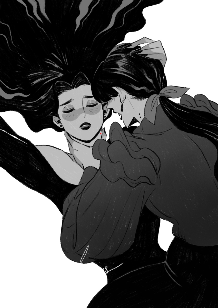 2girls, absurdres, bite_mark, bite_mark_on_neck, blush, bow, closed_eyes, commentary