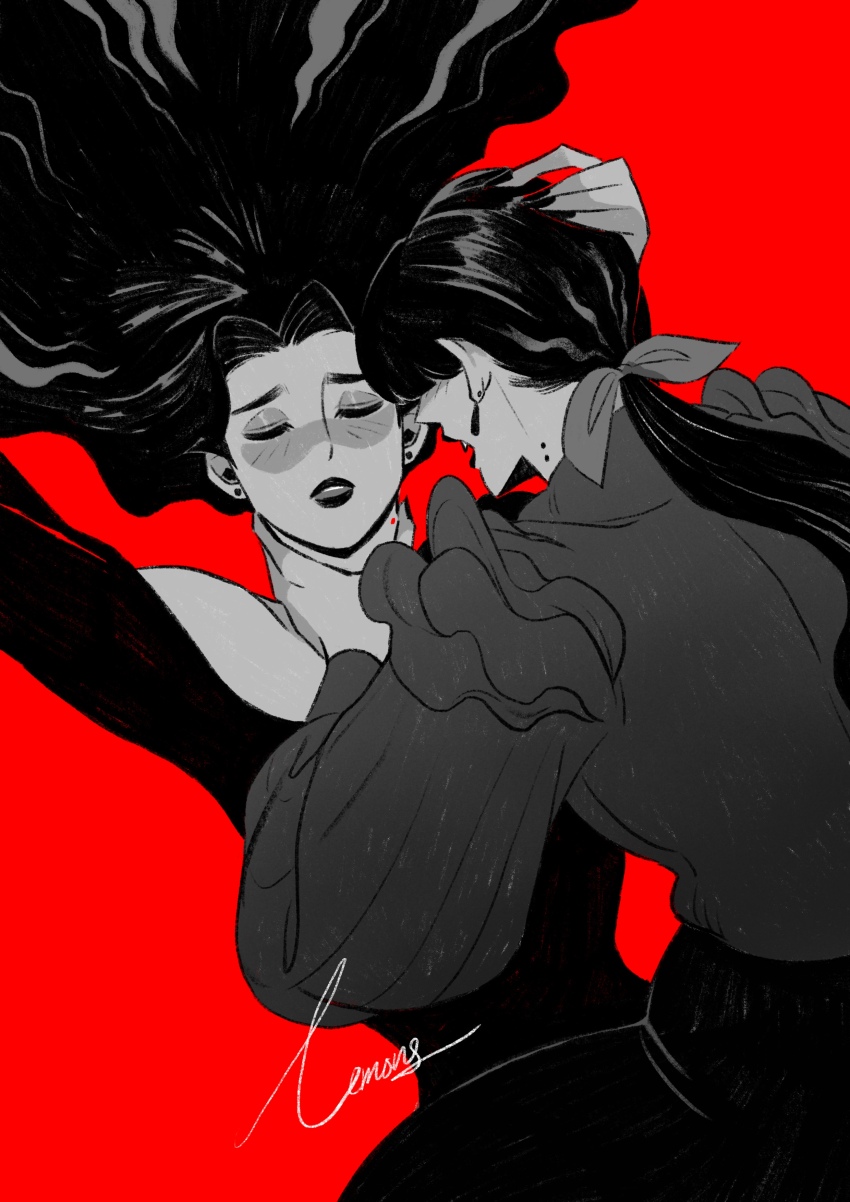 2girls, absurdres, bite_mark, bite_mark_on_neck, blush, bow, closed_eyes, commentary, dress, earrings, english_commentary, fang, greyscale, greyscale_with_colored_background, hair_bow, hand_on_another's_neck, highres, jewelry, lemons_on_sticks, long_hair, long_sleeves, monochrome, multiple_girls, off-shoulder_dress, off_shoulder, open_mouth, original, parted_lips, ponytail, red_background, signature, spot_color, vampire, yuri