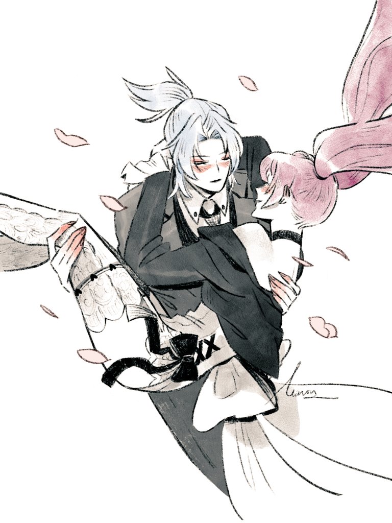 2girls, arm_around_neck, bare_shoulders, black_bow, black_choker, black_pants, black_shirt, black_suit