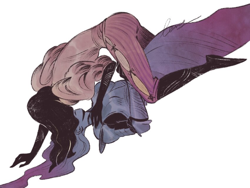 2girls, armor, black_hair, commentary, elbow_gloves, english_commentary, girl_on_top, gloves