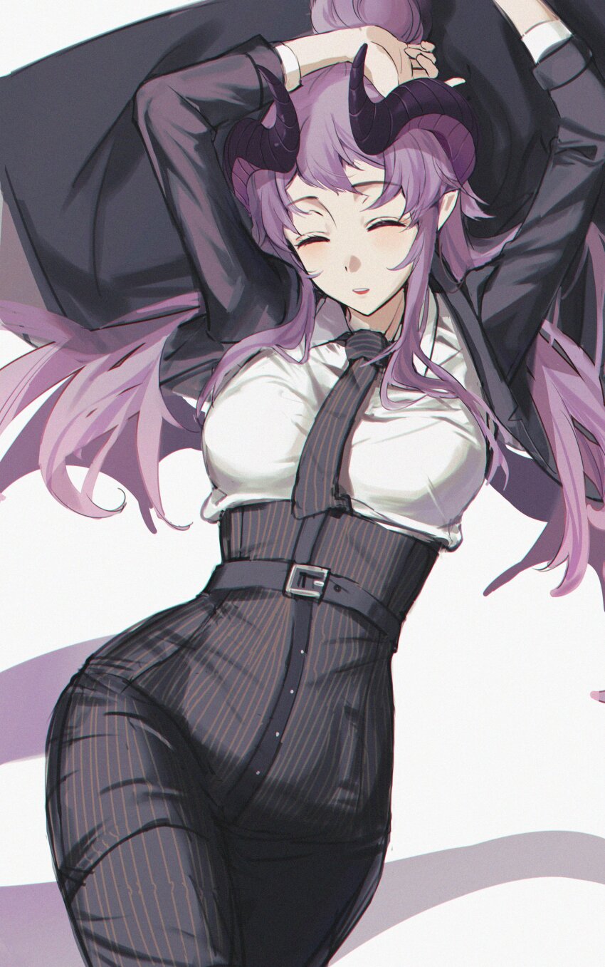 absurdres, black_jacket, black_necktie, black_suit, closed_eyes, curled_horns, dragon_girl, dragon_horns