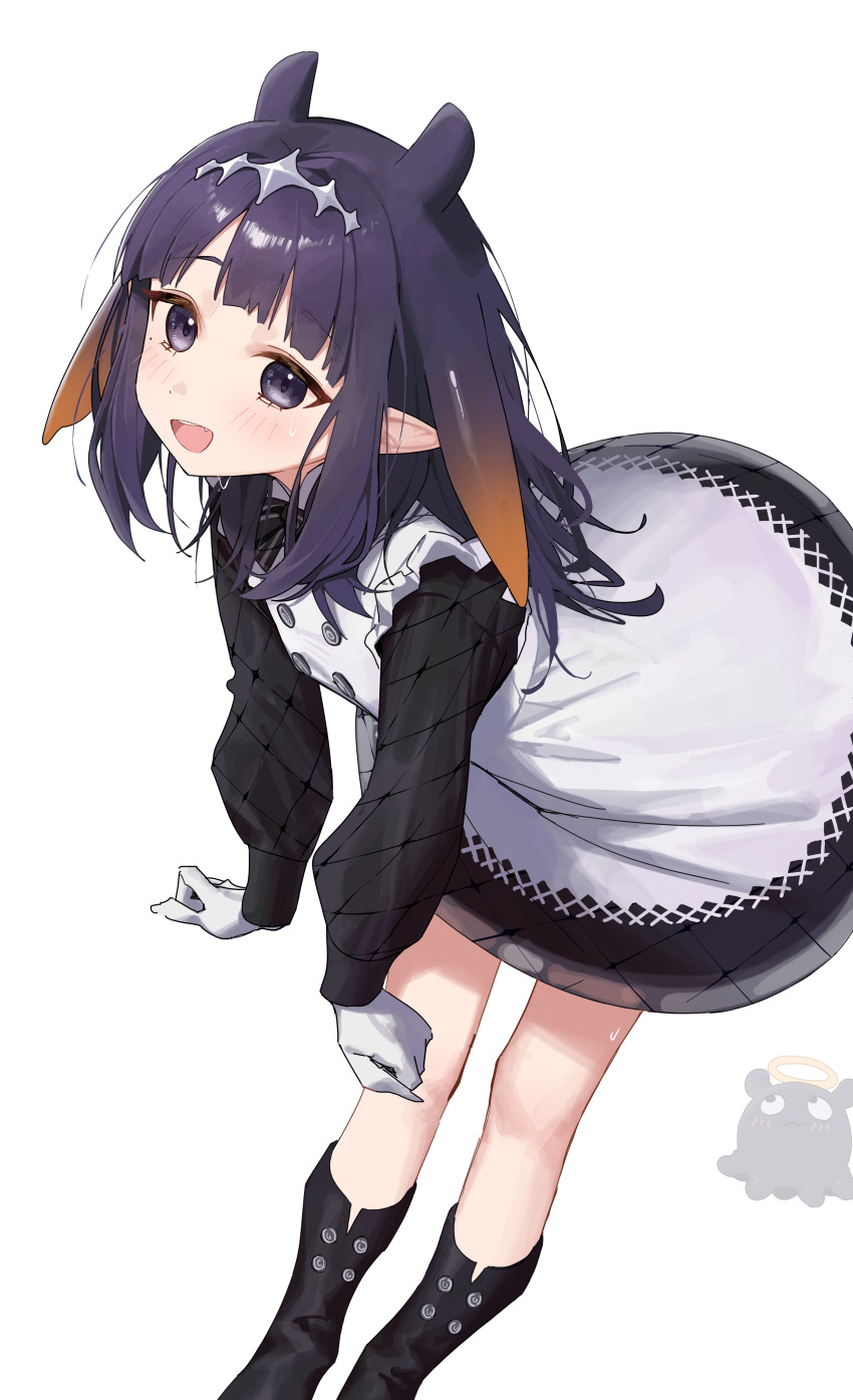 1girl, :3, :d, absurdres, black_footwear, black_shirt, blush, boots