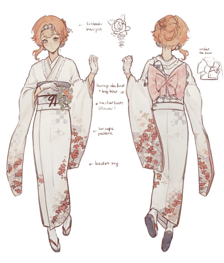 1girl, alternate_costume, blush, checkered_hairband, english_text, floral_print, flower, gloves