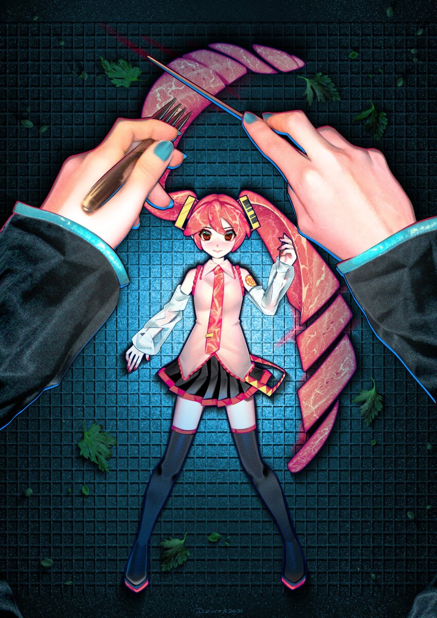 2girls, absurdres, boots, collared_shirt, cutting, detached_sleeves, dual_persona, food