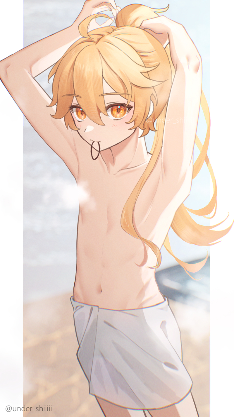 1boy, aether_(genshin_impact), blonde_hair, censored, censored_nipples, closed_mouth, genshin_impact, hair_between_eyes