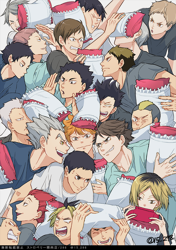 6+boys, black_hair, black_shirt, blue_shirt, bokuto_koutarou, character_request, closed_eyes, closed_mouth
