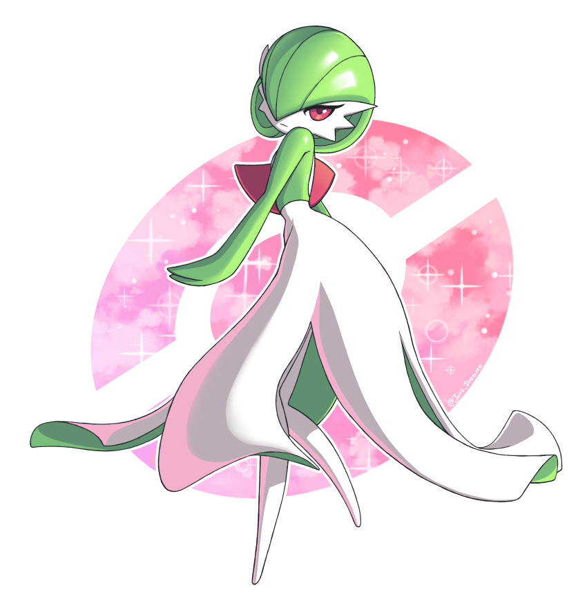 absurdres, bob_cut, colored_skin, dress, gardevoir, gen_3_pokemon, green_hair, hair_over_one_eye