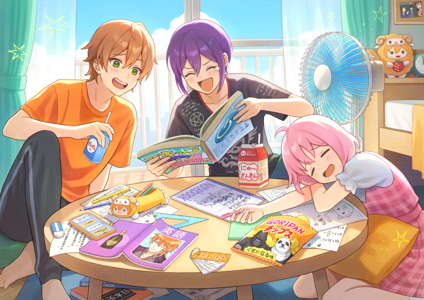 1boy, 2girls, barefoot, black_pants, black_shirt, book, closed_eyes, curtains