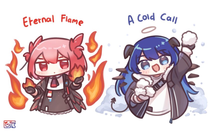 2girls, arknights, black_coat, black_gloves, black_skirt, blue_eyes, blue_hair, chibi