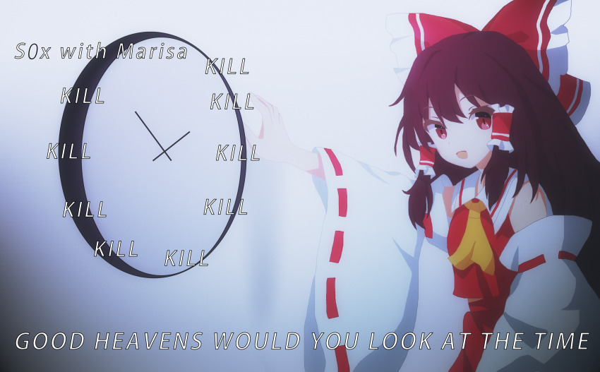 1girl, absurdres, ascot, bow, brown_hair, censored, censored_text, clock