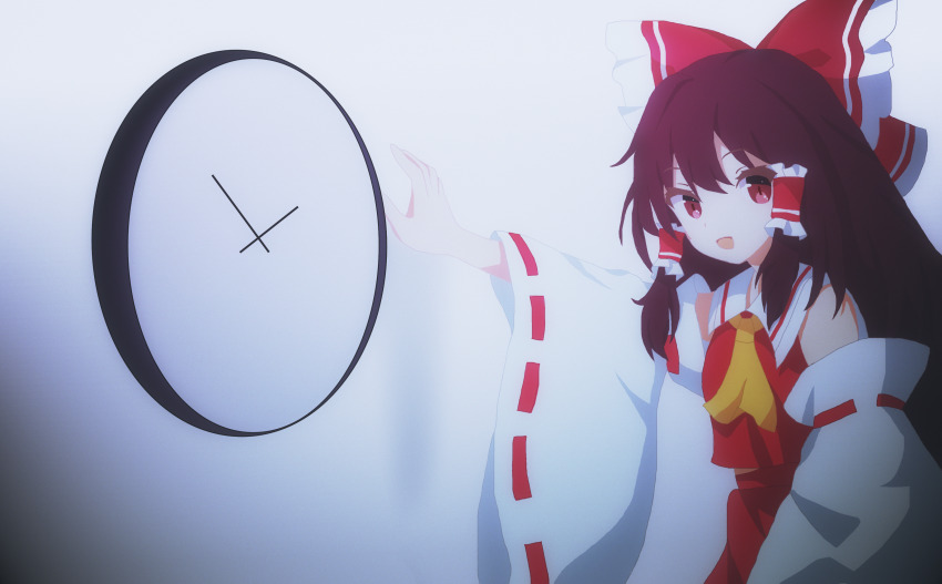 1girl, absurdres, ascot, bow, brown_hair, clock, commentary, detached_sleeves