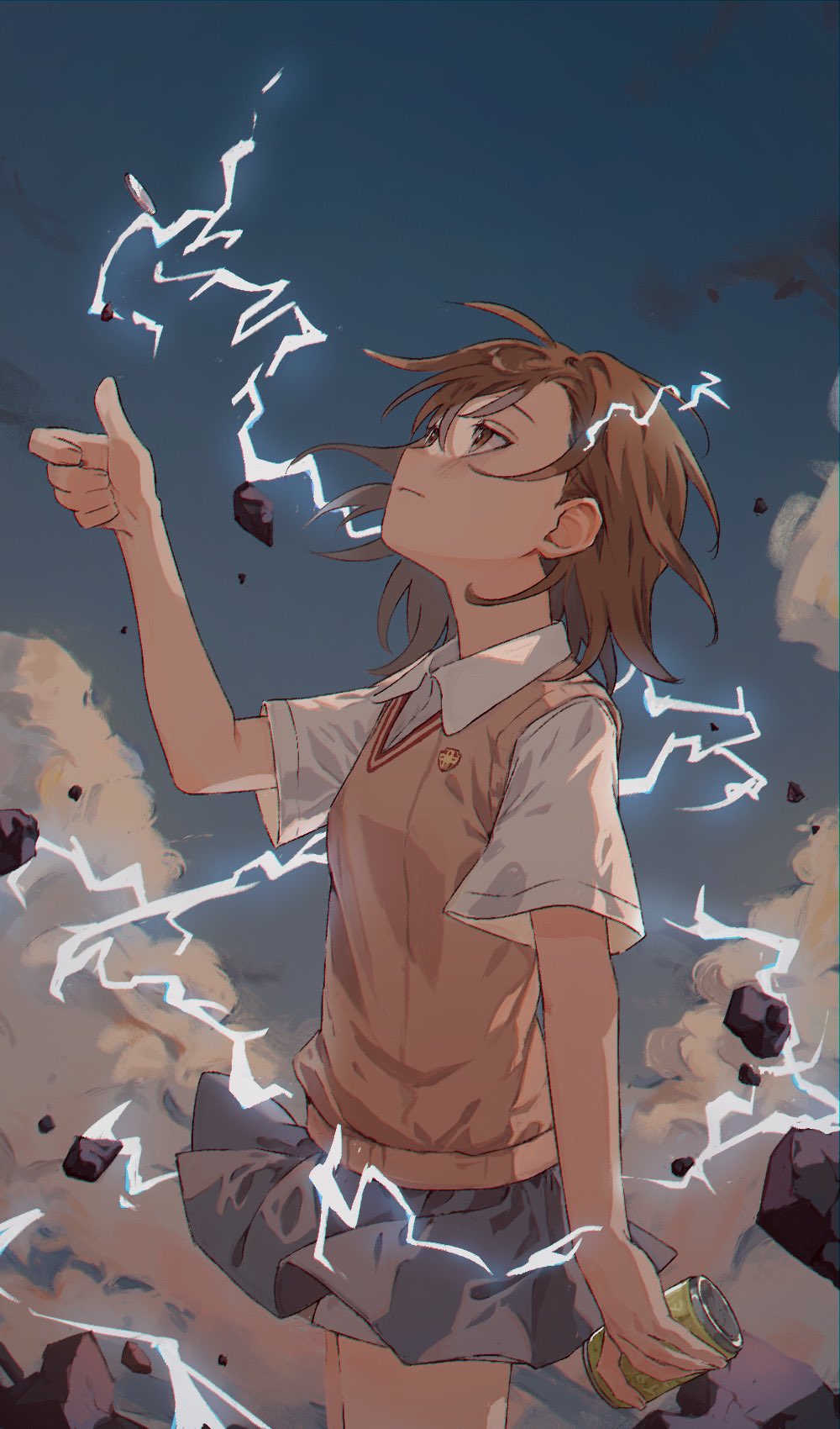 1girl, blue_sky, brown_hair, brown_sweater_vest, can, coin, electricity, electrokinesis, highres, holding, holding_coin, magnetism, misaka_mikoto, psychic, railgun_(misaka_mikoto), school_emblem, school_uniform, shirt, short_hair, shorts, shorts_under_skirt, skirt, sky, solo, solo_focus, summer_uniform, sweater_vest, toaru_kagaku_no_railgun, toaru_majutsu_no_index, tokiwadai_school_uniform, tomoja_rs, white_shirt