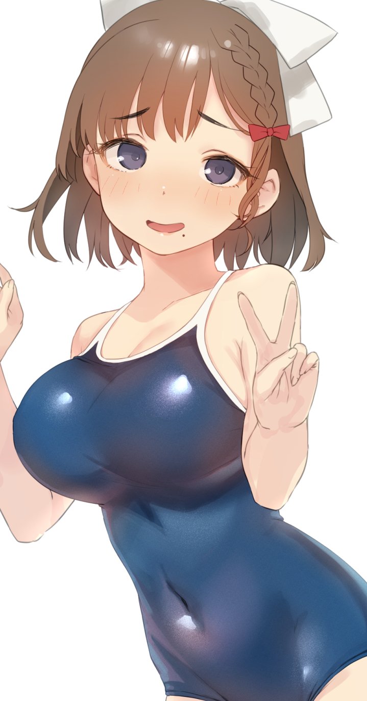 1girl, asahi_(kancolle), blue_one-piece_swimsuit, breasts, brown_hair, collarbone, competition_school_swimsuit, covered_navel