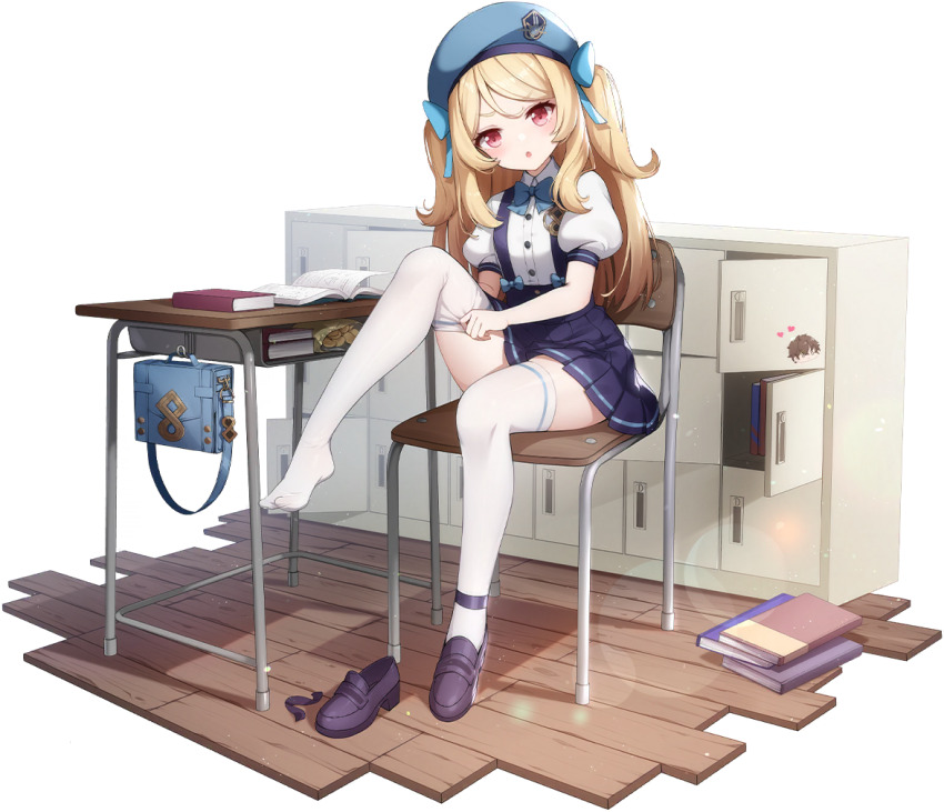 1girl, bag, beret, blonde_hair, blue_bow, blue_skirt, blush, book, book_stack, bow, bowtie, brown_shoes, chips_(food), desk, eversoul, food, full_body, game_cg, hair_between_eyes, hair_bow, hat, juliet_sleeves, locker, long_sleeves, looking_at_viewer, manon_(eversoul), medium_hair, non-web_source, official_alternate_costume, official_alternate_hairstyle, official_art, open_book, parted_lips, petite, potato_chips, puffy_sleeves, putting_on_legwear, red_eyes, school_desk, school_uniform, shirt, shoes, short_sleeves, single_shoe, sitting, skirt, solo, tachi-e, thighhighs, transparent_background, twintails, white_shirt, white_thighhighs, wing_collar