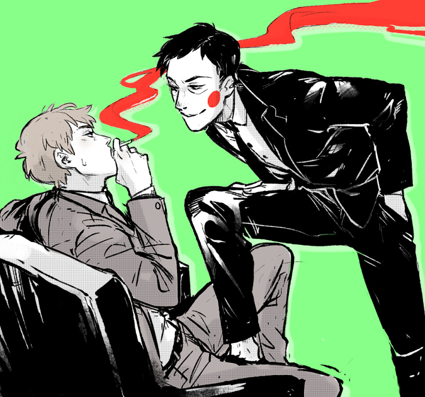 2boys, belt, ekubo_(mob_psycho_100), facial_mark, green_background, greyscale_with_colored_background, hand_in_pocket, knee_up