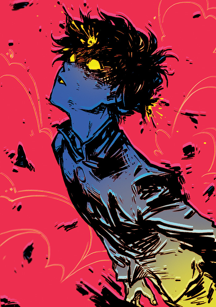 1boy, bullet_hole, commentary, dust, english_commentary, fingernails, gakuran, glowing, glowing_eyes, kageyama_shigeo, limited_palette, male_focus, mintlark, mob_psycho_100, parted_lips, red_background, school_uniform, shaded_face, short_hair, solo, yellow_eyes