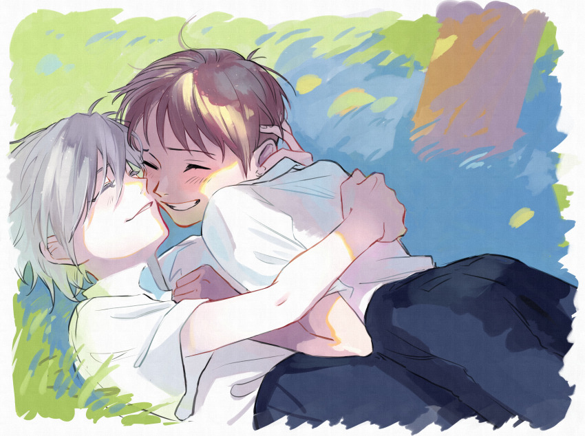2boys, absurdres, ass, brown_hair, closed_eyes, collared_shirt, grey_hair, highres, hug, ikari_shinji, jirouwakamaboko, lying, lying_on_grass, lying_on_person, male_focus, multiple_boys, nagisa_kaworu, neon_genesis_evangelion, on_back, pants, school_uniform, shirt, shirt_tucked_in, short_hair, skinny, smile, yaoi