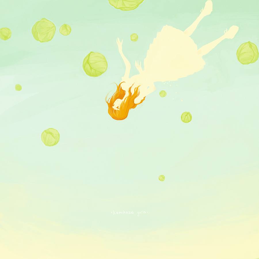 1girl, blue_background, brown_eyes, cabbage, commentary, copyright_name, dress, english_commentary