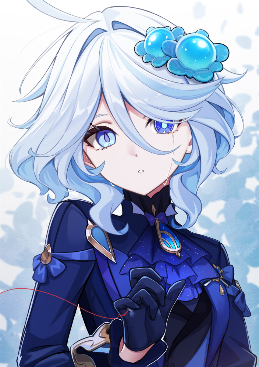 1girl, ascot, black_ascot, blue_ascot, blue_bow, blue_eyes, blue_gem, blue_gloves