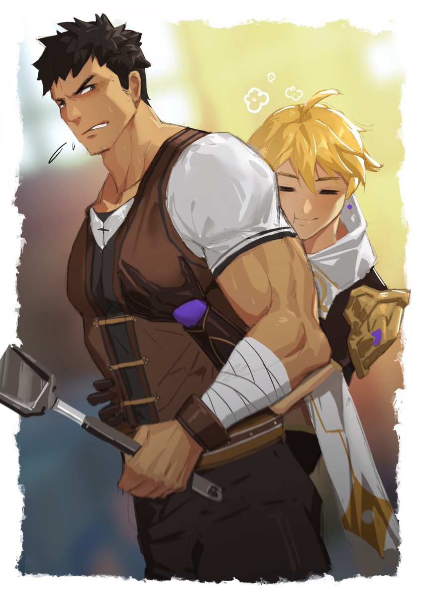 2boys, =_=, absurdres, aether_(genshin_impact), bara, black_hair, blonde_hair, brown_vest