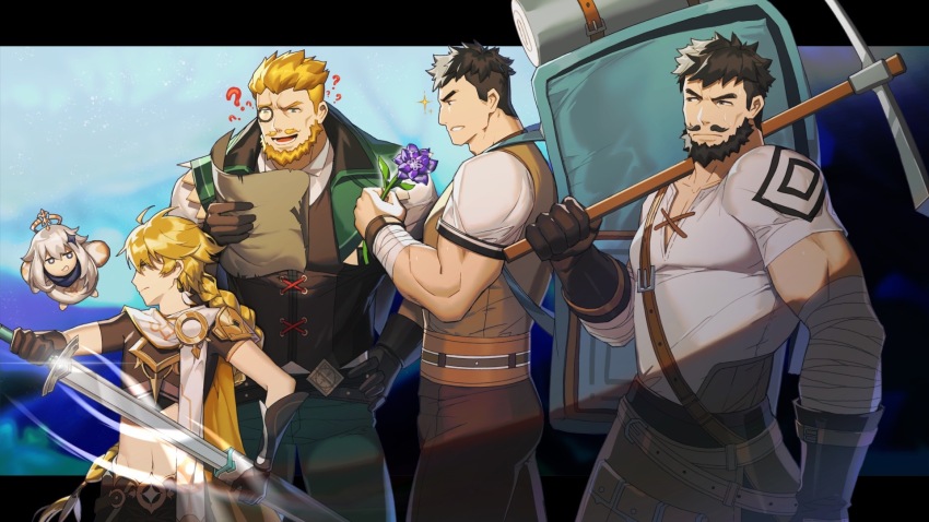 1girl, 4boys, aether_(genshin_impact), bara, beard, black_hair, blonde_hair, confused
