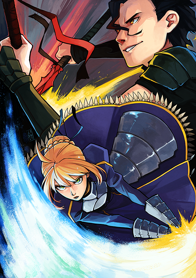 1boy, 1girl, ahoge, artoria_pendragon_(fate), black_hair, blonde_hair, blue_dress, braid