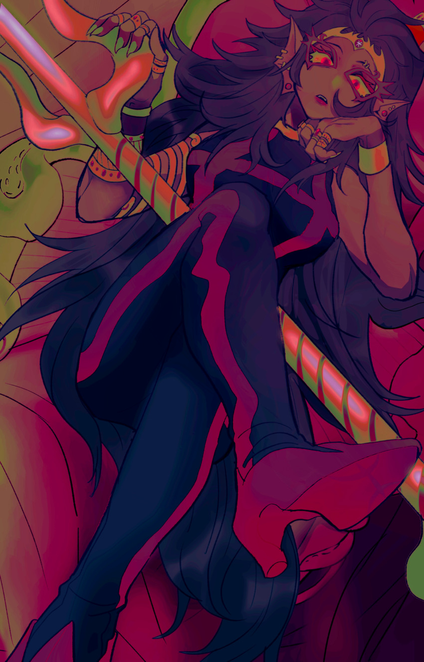 1girl, black_bodysuit, black_hair, bodysuit, breasts, fins, head_fins, the_condesce