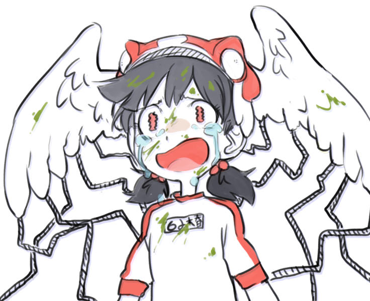 1girl, alien_nine, black_hair, blood, blood_on_clothes, blood_on_face, borg_(alien_nine), commentary, crying, despair, english_commentary, frog_hat, green_blood, hair_bobbles, hair_ornament, hat, mintlark, ootani_yuri, open_mouth, red_hat, short_hair, short_sleeves, short_twintails, solo, translation_request, twintails, wavy_eyes, white_background, winged_headwear