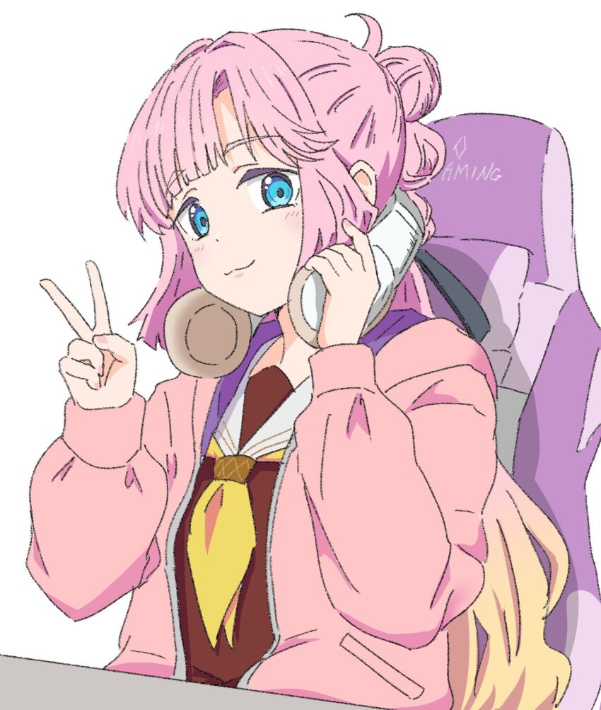 1girl, :3, anyoji_hime, black_ribbon, blonde_hair, blue_eyes, blunt_bangs, brown_dress