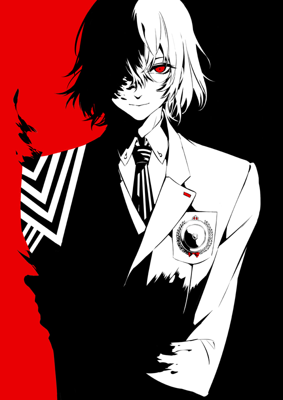 1boy, akechi_gorou, black_mask_(persona_5), blending, collared_shirt, crossed_arms, greyscale_with_colored_background, hair_between_eyes