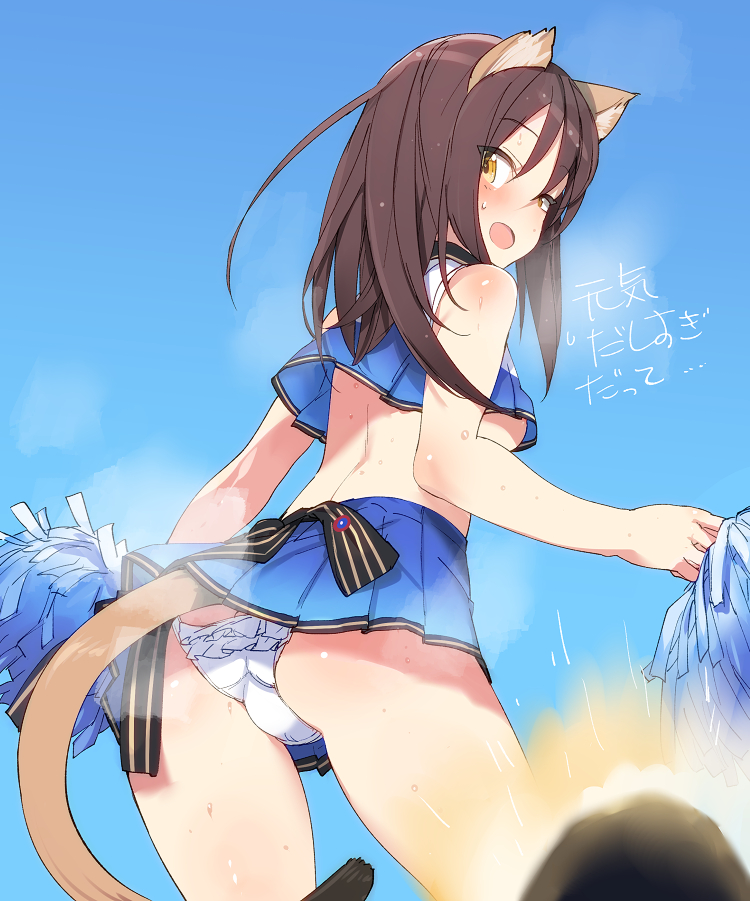 animal_ears, ass, bare_shoulders, blush, brown_hair, cheerleader, eleonore_giovanna_gassion, frilled_panties