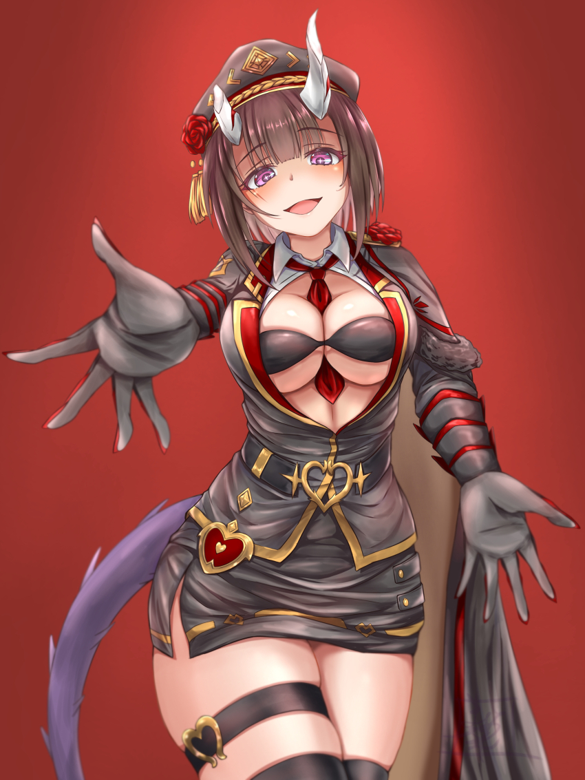 1girl, :d, absurdres, between_breasts, black_bra, black_cape, black_gloves, black_hair