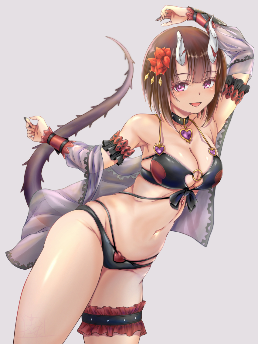 +_+, 1girl, :d, absurdres, arm_strap, bare_shoulders, bikini, black_bikini, black_choker, blush, breasts, broken_horn, brown_hair, choker, cleavage, collarbone, demon_horns, eriko_(princess_connect!), eriko_(summer)_(princess_connect!), flower, frilled_thigh_strap, grey_background, hair_flower, hair_ornament, heart, heart_choker, highres, horns, looking_at_viewer, maoo-san, medium_breasts, navel, o-ring, o-ring_bikini, o-ring_top, open_mouth, princess_connect!, purple_eyes, purple_shawl, shawl, short_hair, smile, solo, spiked_tail, swimsuit, tail, thigh_strap