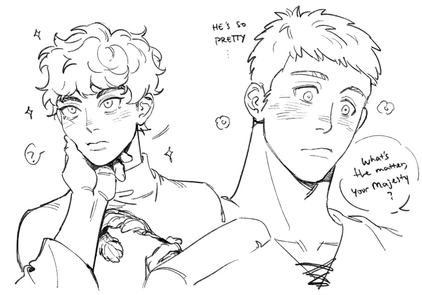 2boys, ?, blush, closed_mouth, commentary, dungeon_meshi, english_commentary, english_text