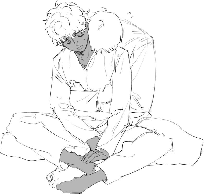 2boys, between_legs, closed_eyes, closed_mouth, commentary, dark-skinned_male, dark_skin, dungeon_meshi