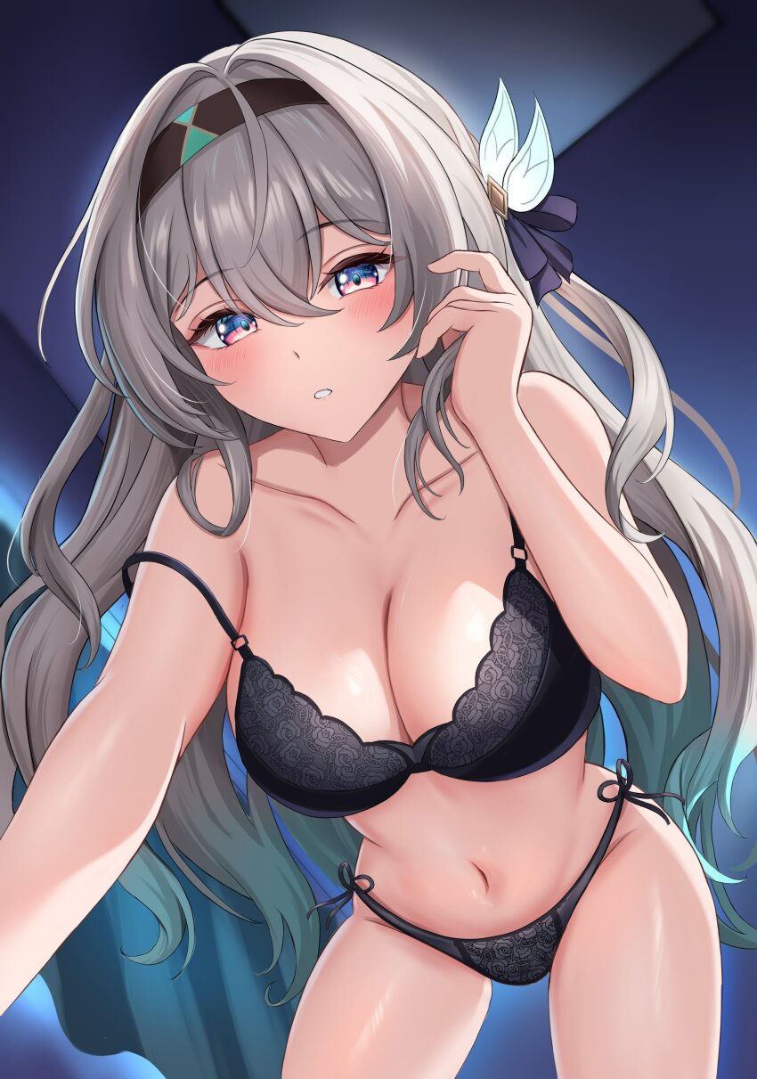 1girl, absurdres, black_bow, black_bra, black_hair, black_hairband, black_panties, blue_eyes