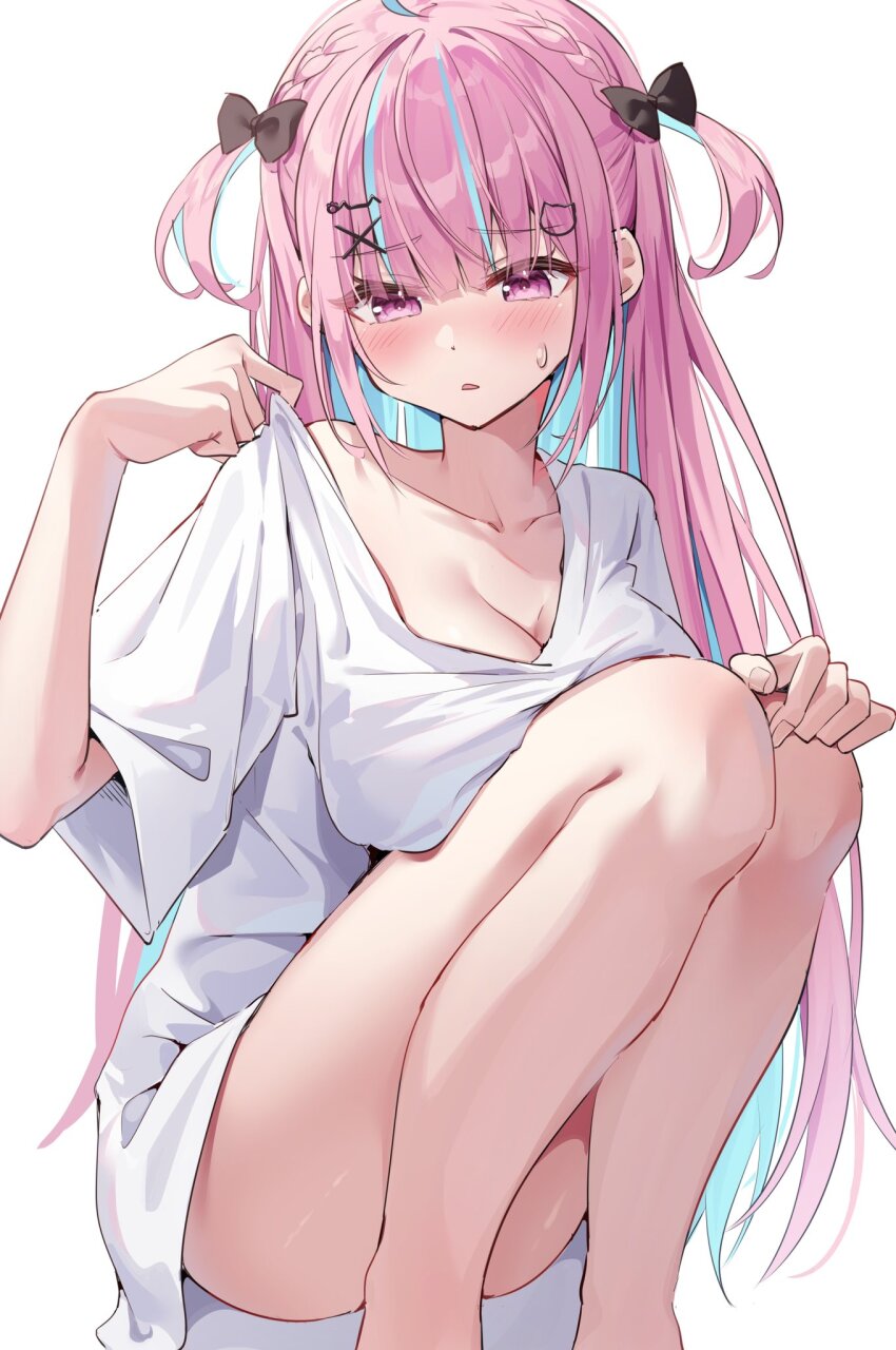 1girl, alternate_costume, bare_legs, black_bow, blue_hair, blunt_bangs, blush, bow