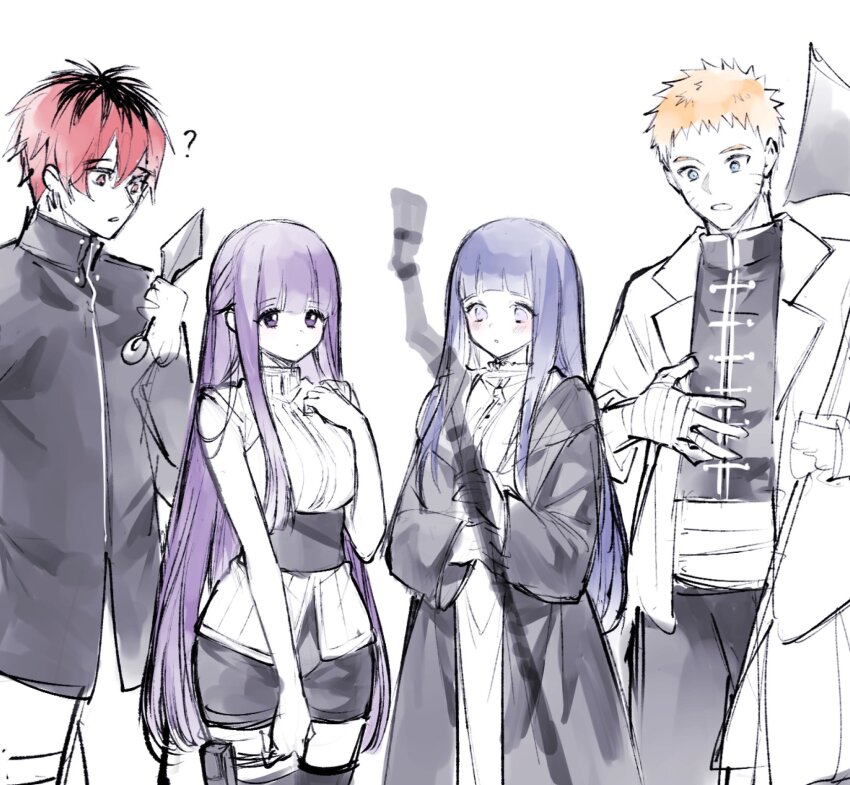 2boys, 2girls, axe, blonde_hair, cosplay, costume_switch, facial_mark, fern_(sousou_no_frieren)