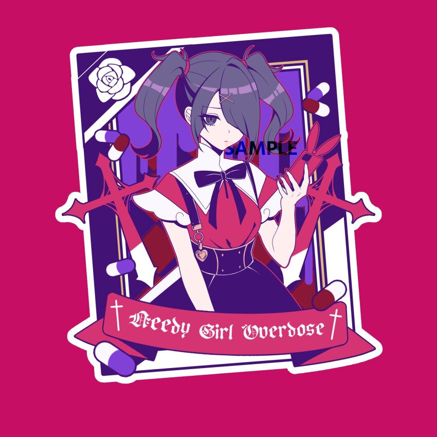 1girl, ame-chan_(needy_girl_overdose), black_eyes, black_hair, black_ribbon, collared_shirt, commentary, copyright_name