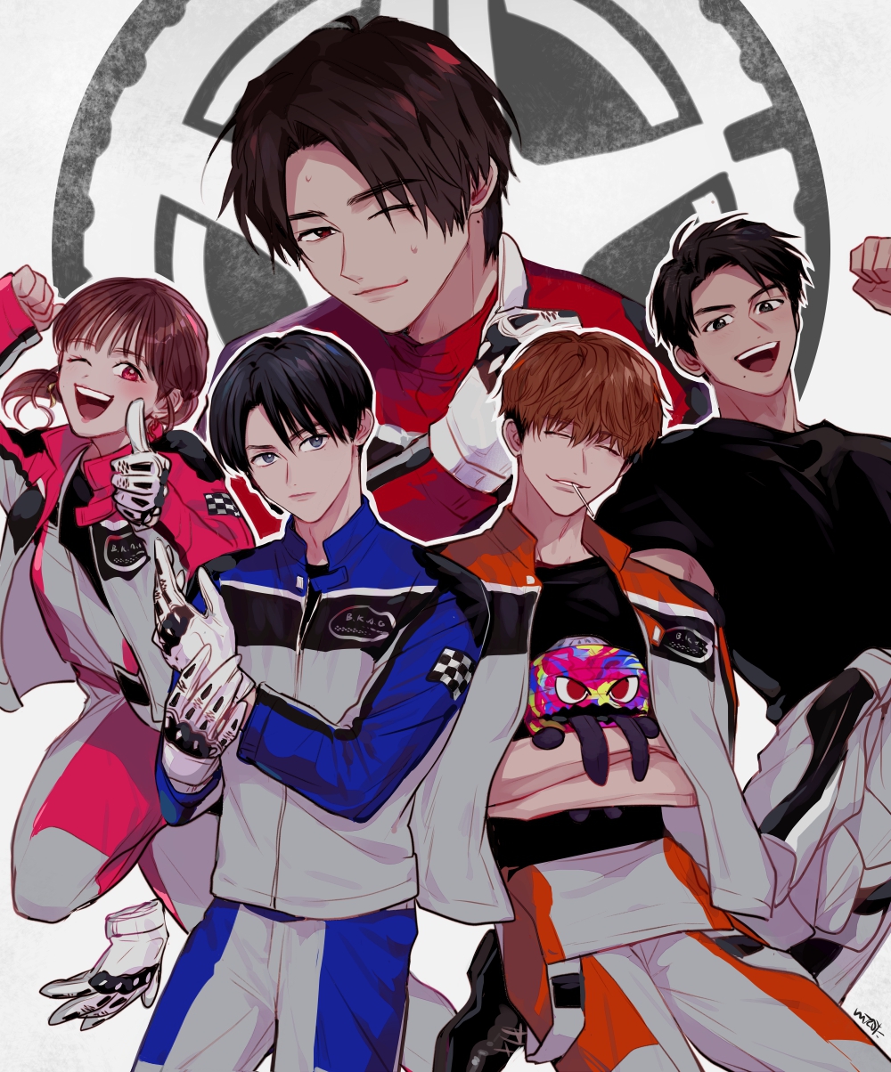 1girl, 4boys, adjusting_clothes, adjusting_gloves, akuse_jou, bakuage_sentai_boonboomger, black_eyes, black_hair