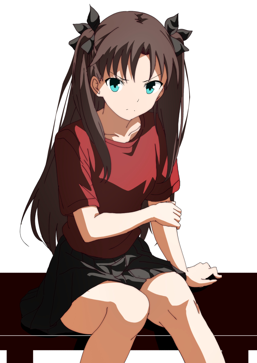 1girl, aqua_eyes, bench, black_bow, black_skirt, bow, brown_hair, casual