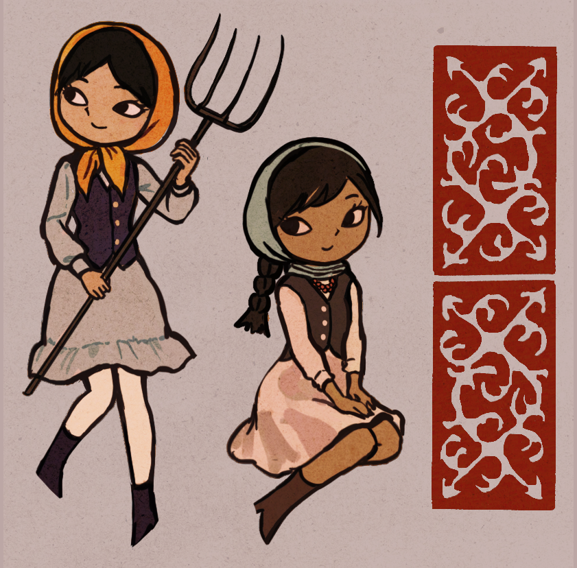 1960s_(style), 2girls, black_eyes, black_hair, dark-skinned_female, dark_skin, dress, full_body, grey_background, headscarf, io_(onisarashi), kyrgyz_clothes, kyrgyzstan, looking_to_the_side, midair, multiple_girls, oldschool, orange_headscarf, original, pantyhose, retro_artstyle, sitting, smile, vest