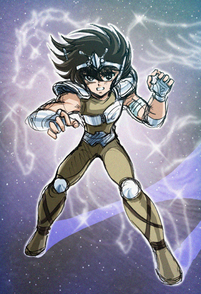1980s_(style), armor, fighting_stance, galaxy, male_focus, oldschool, original_version, pegasus, pegasus_seiya, retro_artstyle, s-jou, saint_seiya, seiya_(seiyart), shijou_yukimasa, shoulder_pads